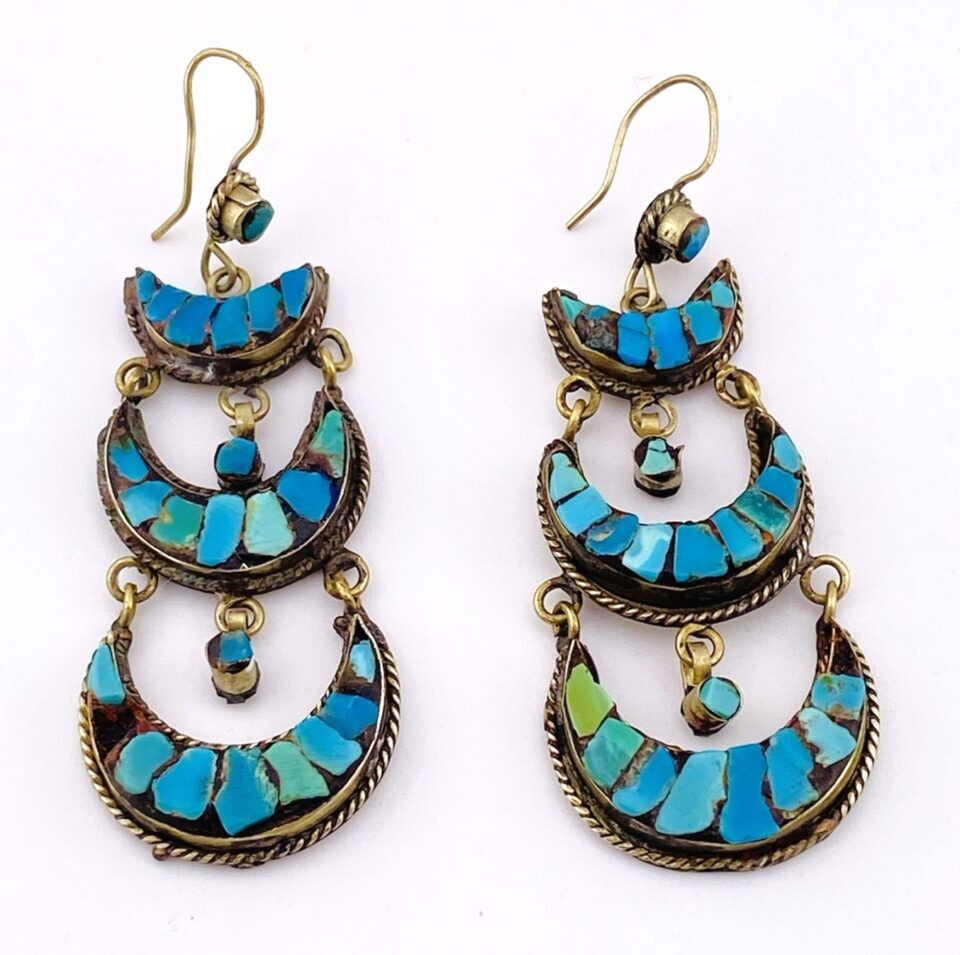Vintage to Antique Tibetan Silver Turquoise Inlay Earrings