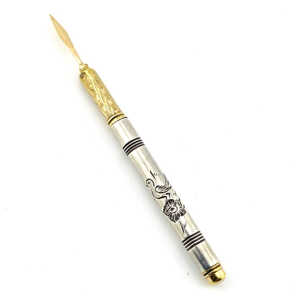 Antique Victorian Sterling Silver and 10k Gold Retractable Toothpick