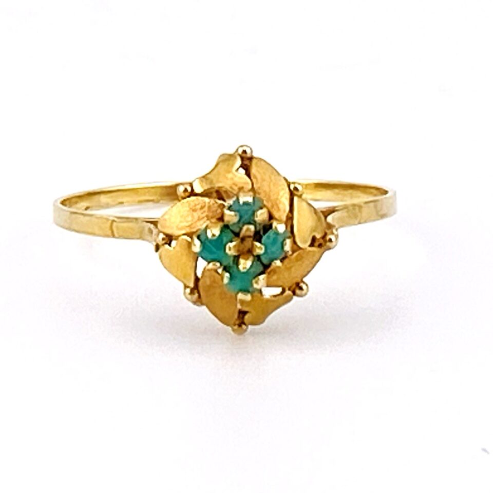 Delicate 18k Gold Natural Emerald Ring High Set Stylized Flower Sz 6.5