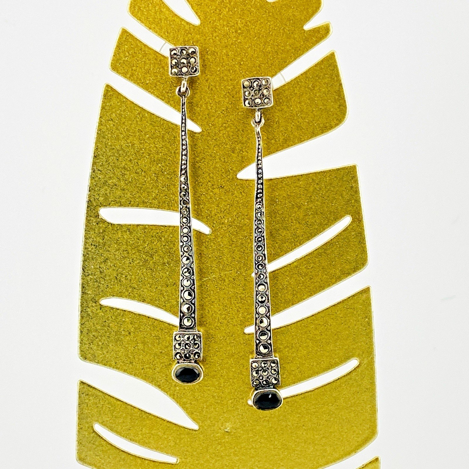 Vintage Long Marcasite Black Onyx Sterling Silver Dangle Earrings