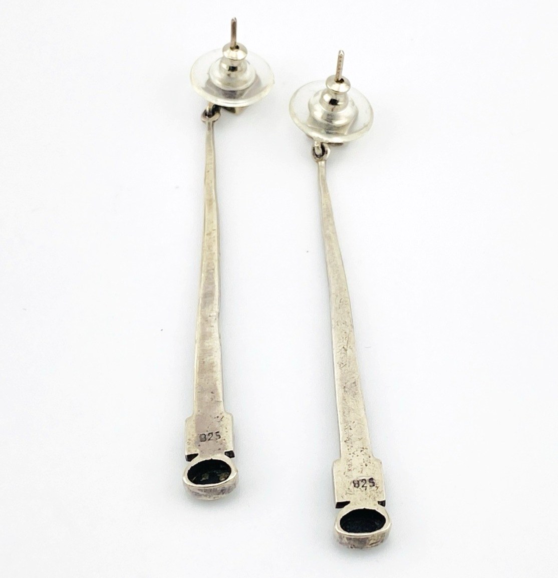 Vintage Long Marcasite Black Onyx Sterling Silver Dangle Earrings