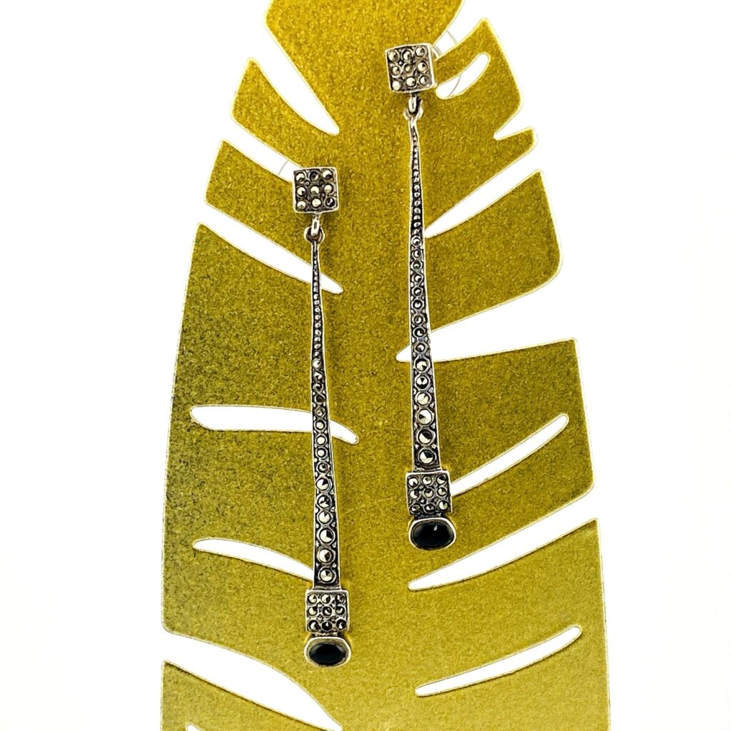 Vintage Long Marcasite Black Onyx Sterling Silver Dangle Earrings