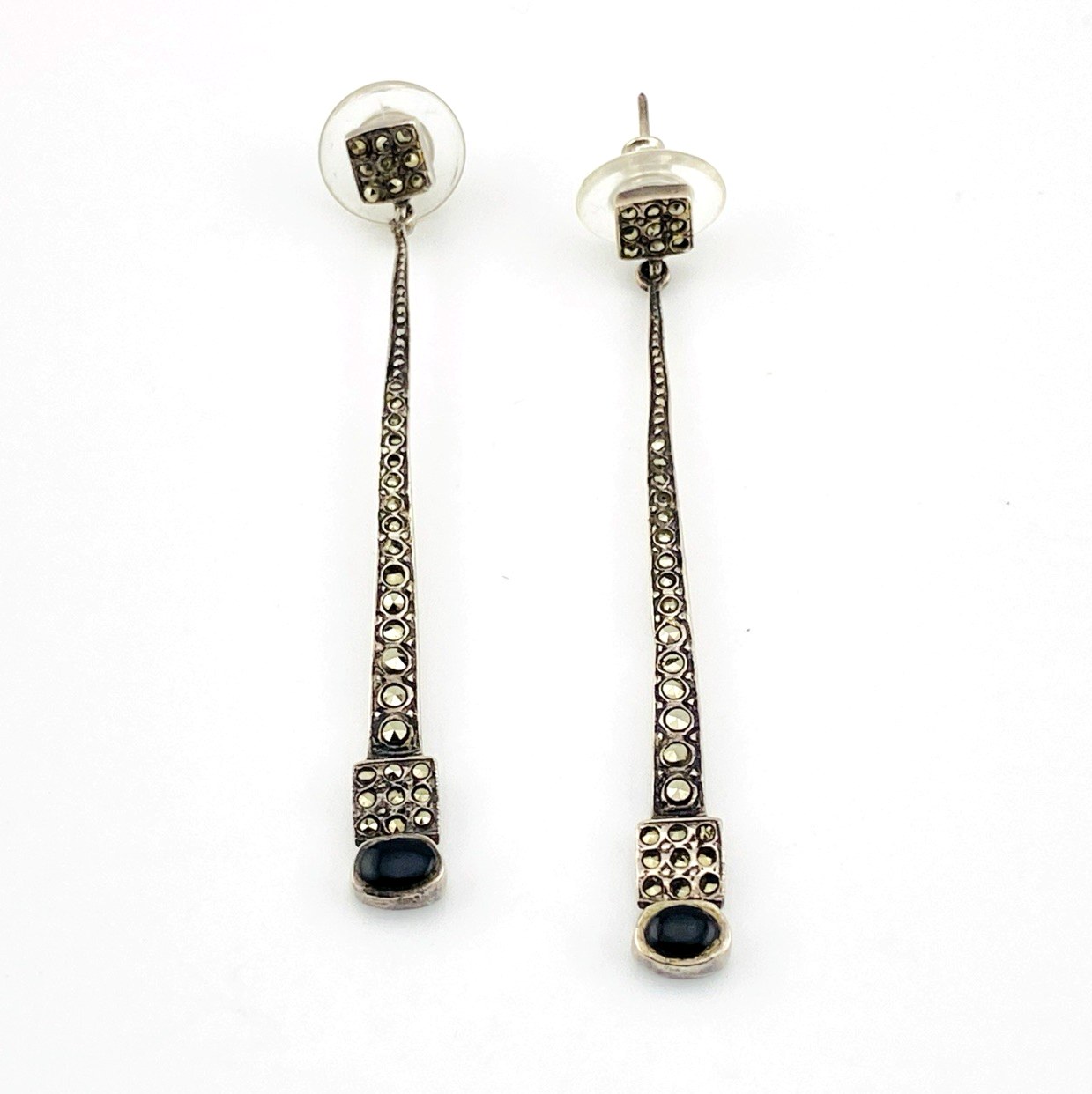 Vintage Long Marcasite Black Onyx Sterling Silver Dangle Earrings