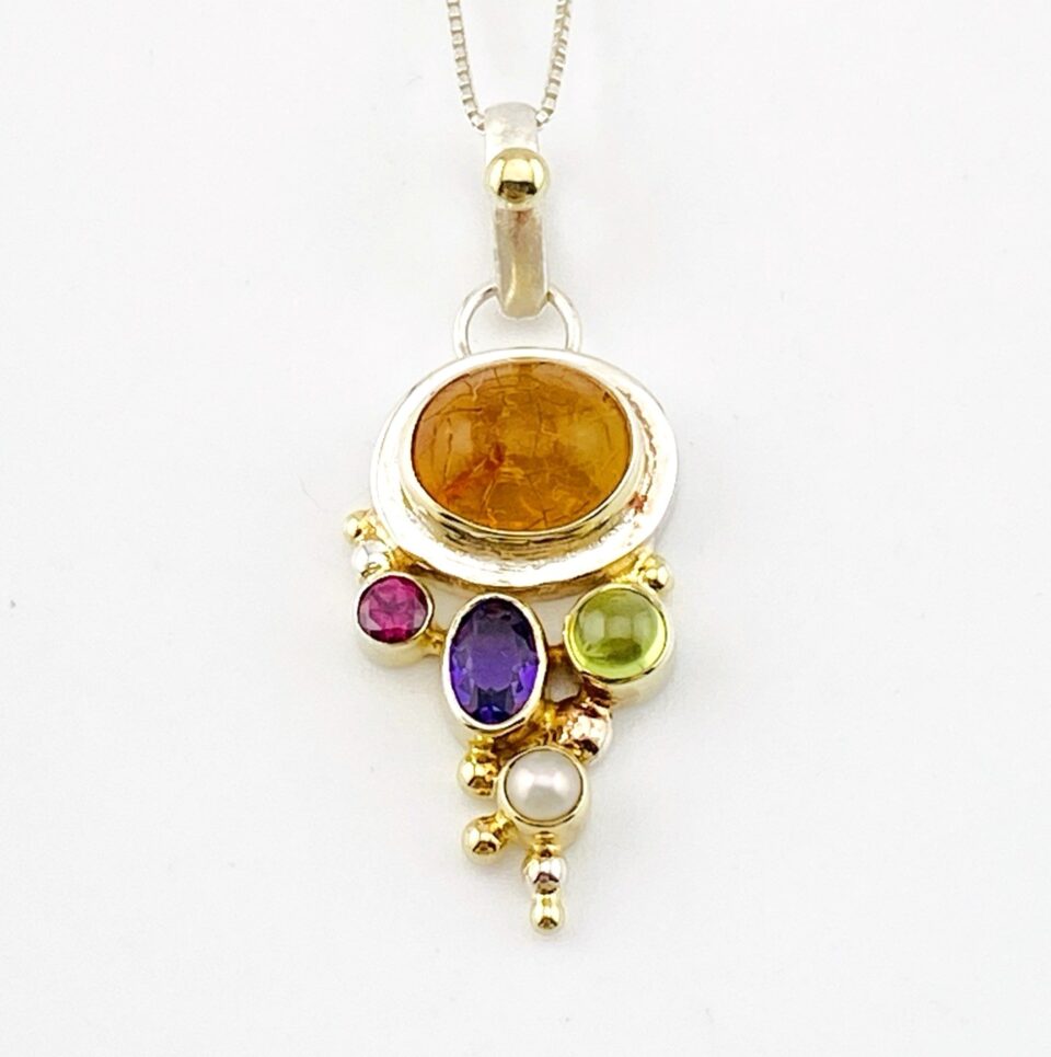 Michou Amber Peridot Amethyst Pearl Post Modern Sterling Silver Pendant Necklace