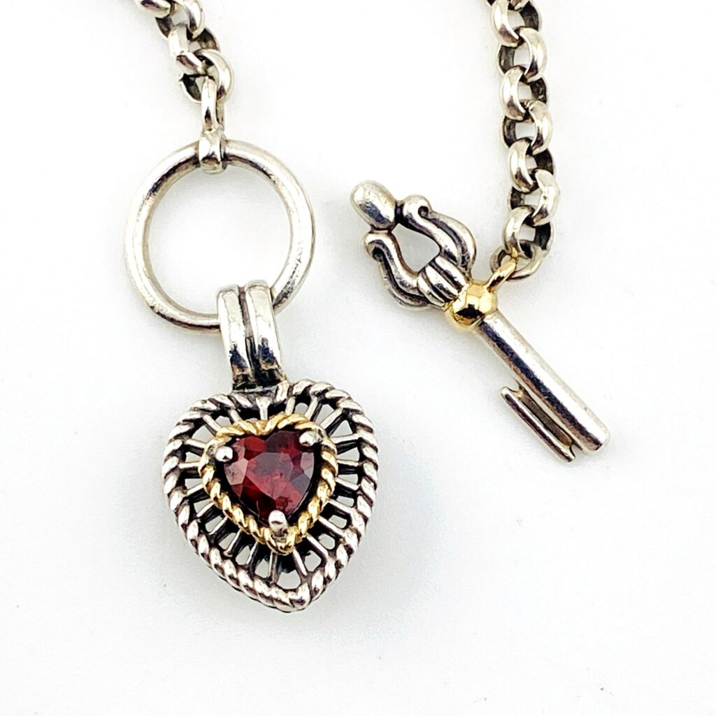 Puffy Heart and Key Charm Bracelet - Sterling Silver, 14k Gold, Garnet