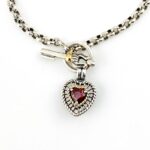 Puffy Heart and Key Charm Bracelet - Sterling Silver, 14k Gold, Garnet