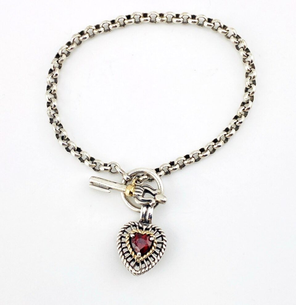 Puffy Heart and Key Charm Bracelet - Sterling Silver, 14k Gold, Garnet