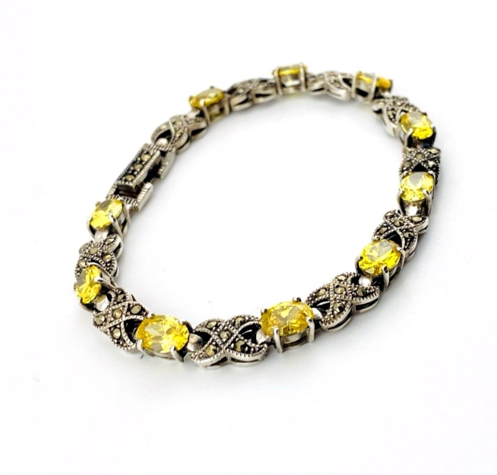 Canary Yellow CZ Marcasite Sterling Silver Bracelet