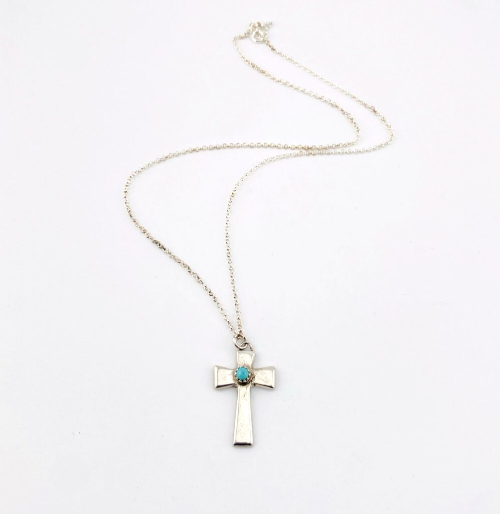 Native American Turquoise Sterling Silver Cross Pendant Necklace