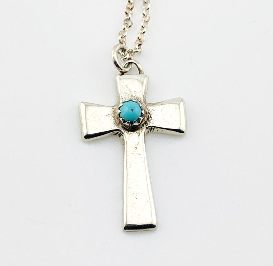 Native American Turquoise Sterling Silver Cross Pendant Necklace