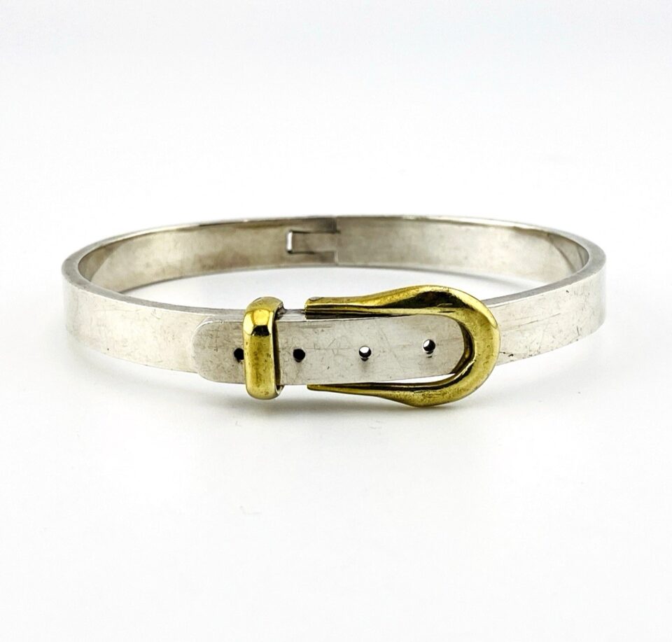 Mixed Metals Taxco Mexico Sterling Silver Hinged Bangle Cuff with Brass Buckle