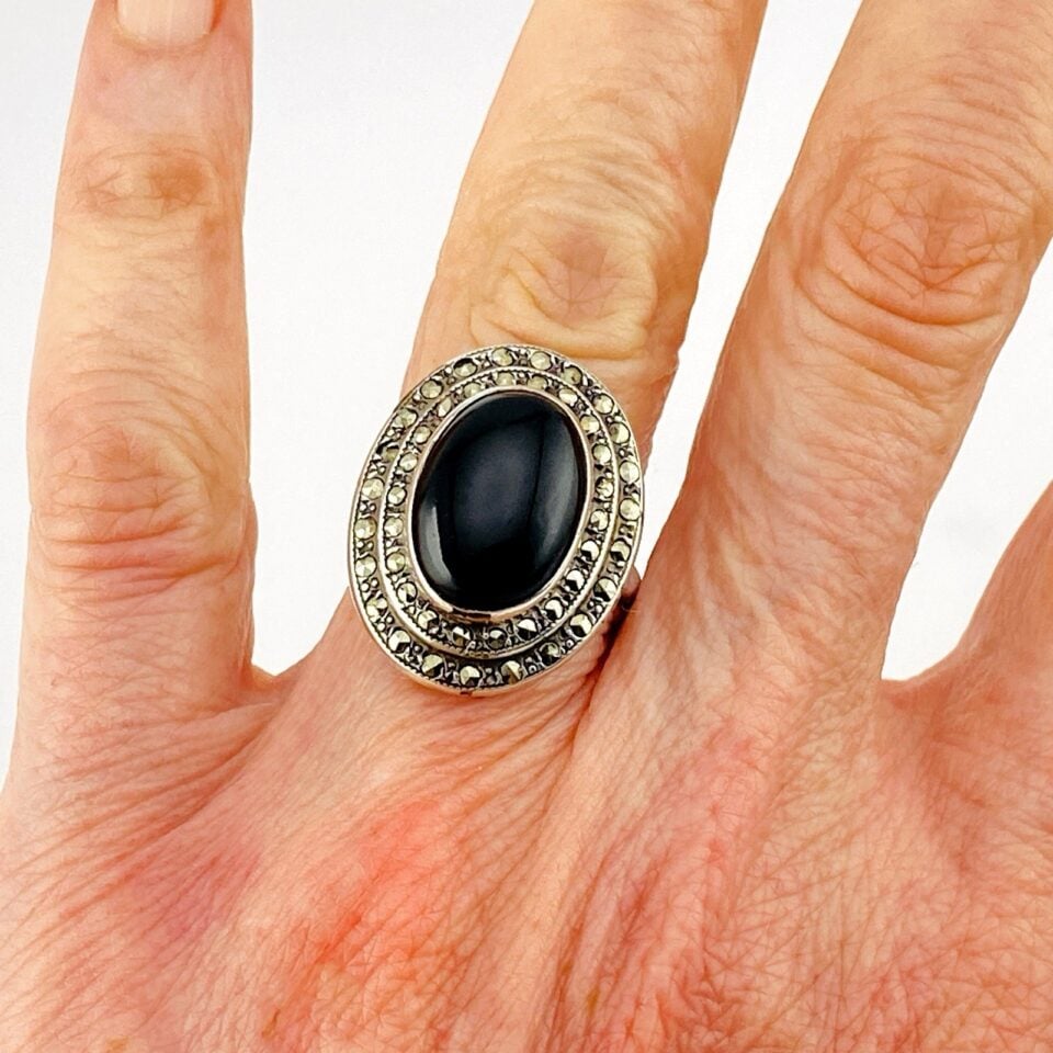 Uncas Sterling Silver Marcasite Black Onyx Ring