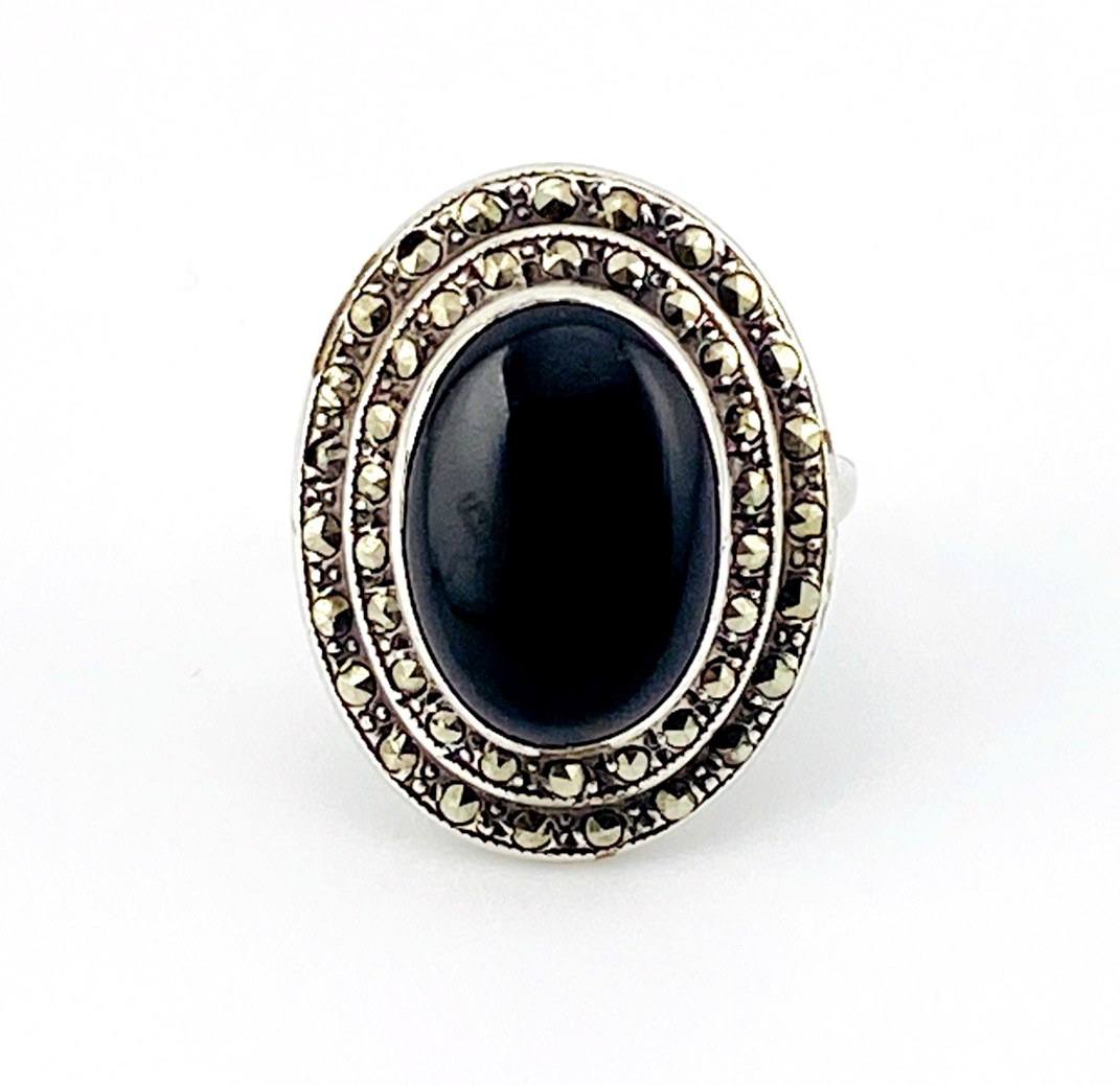 Uncas Sterling Silver Marcasite Black Onyx Ring