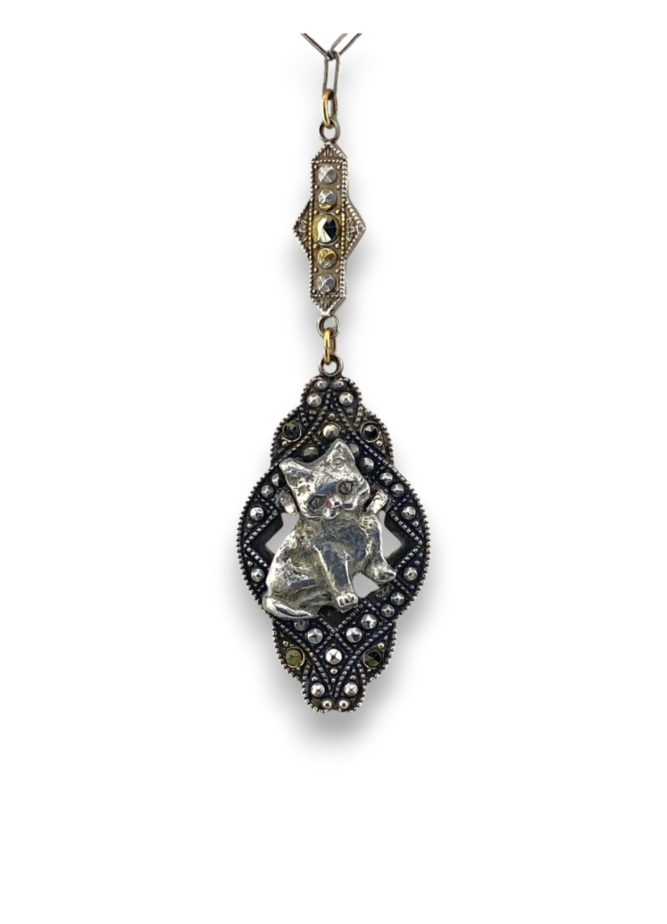 Art Deco Marcasite Cat Necklace Sterling Silver Lavalier 16 Inch