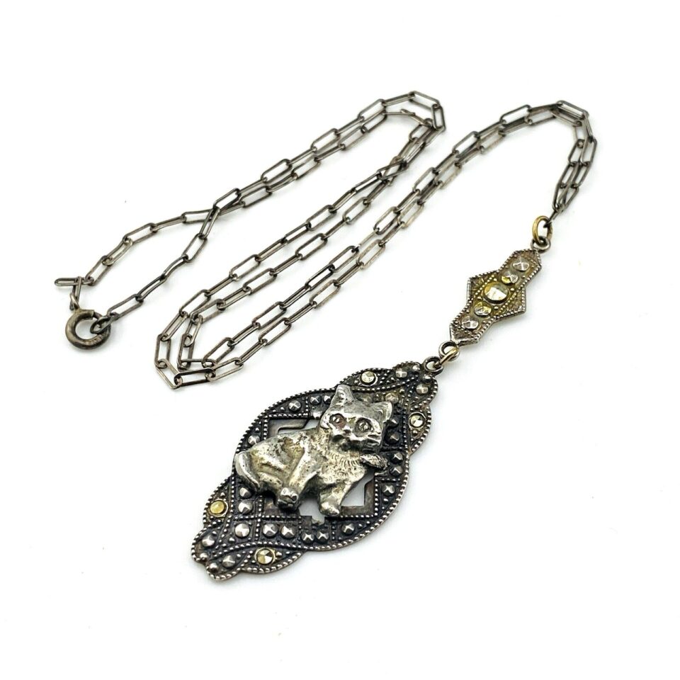 Art Deco Sterling Silver Marcasite Cat Pendant Y Necklace