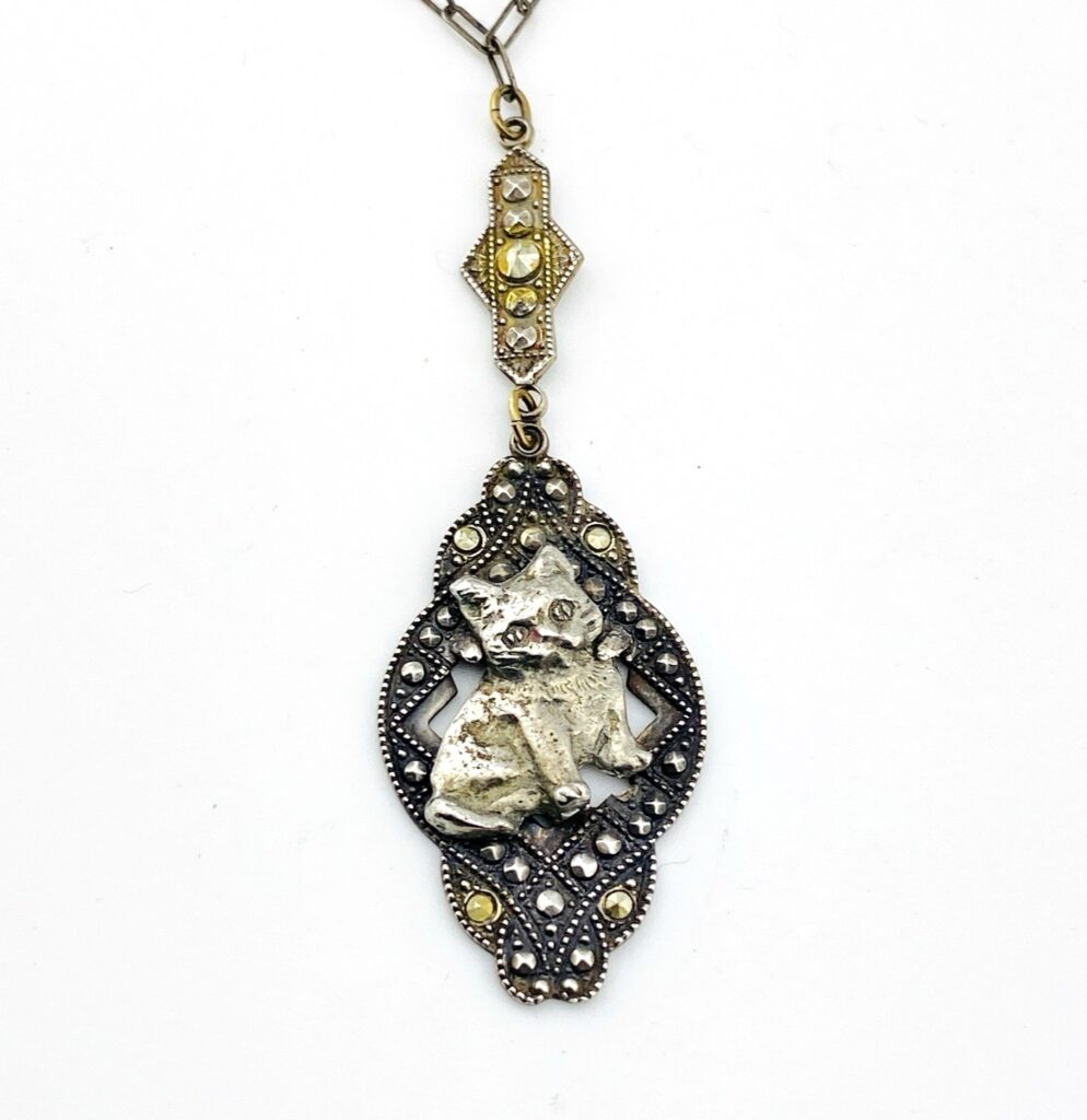 Art Deco Sterling Silver Marcasite Cat Pendant Y Necklace