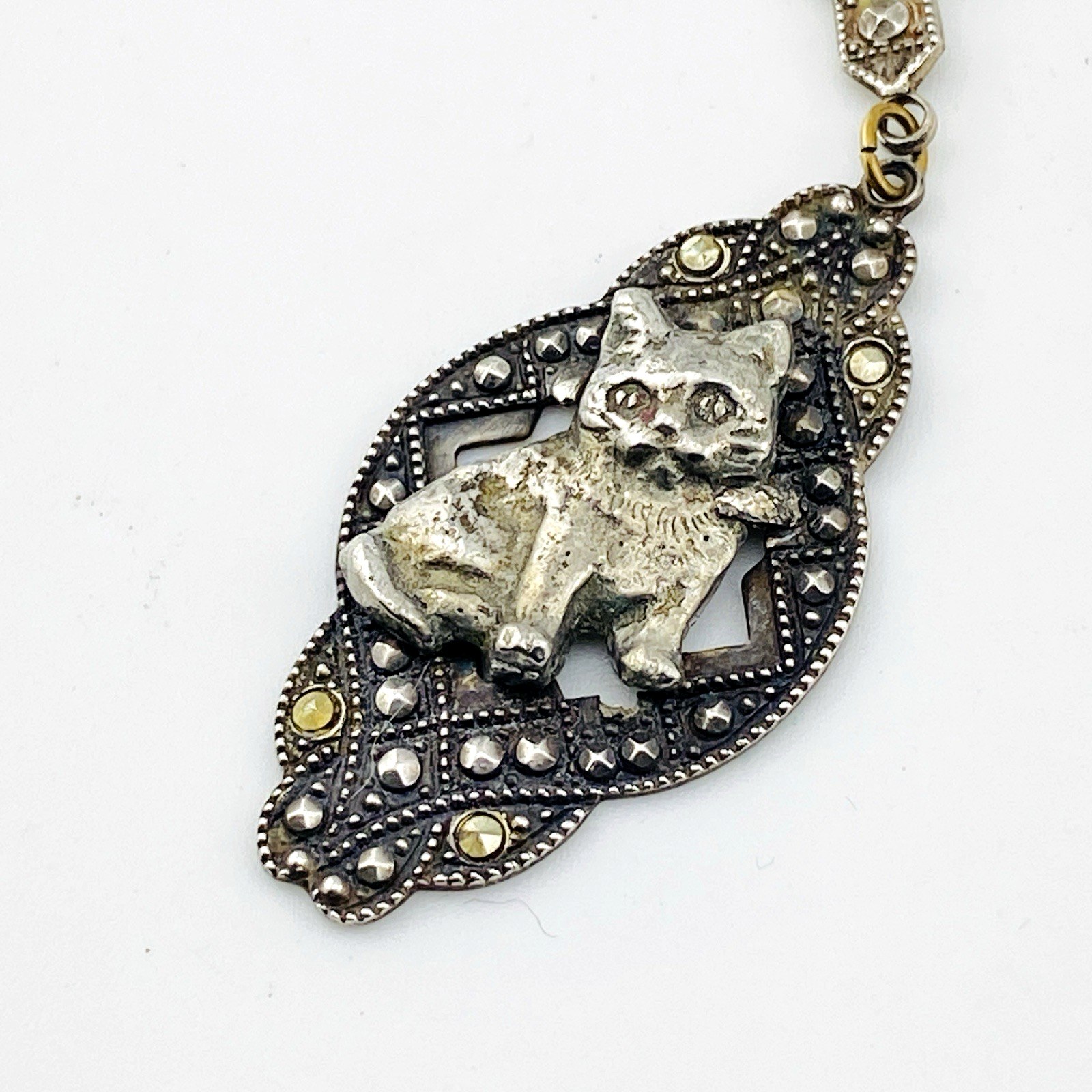Art Deco Sterling Silver Marcasite Cat Pendant Y Necklace