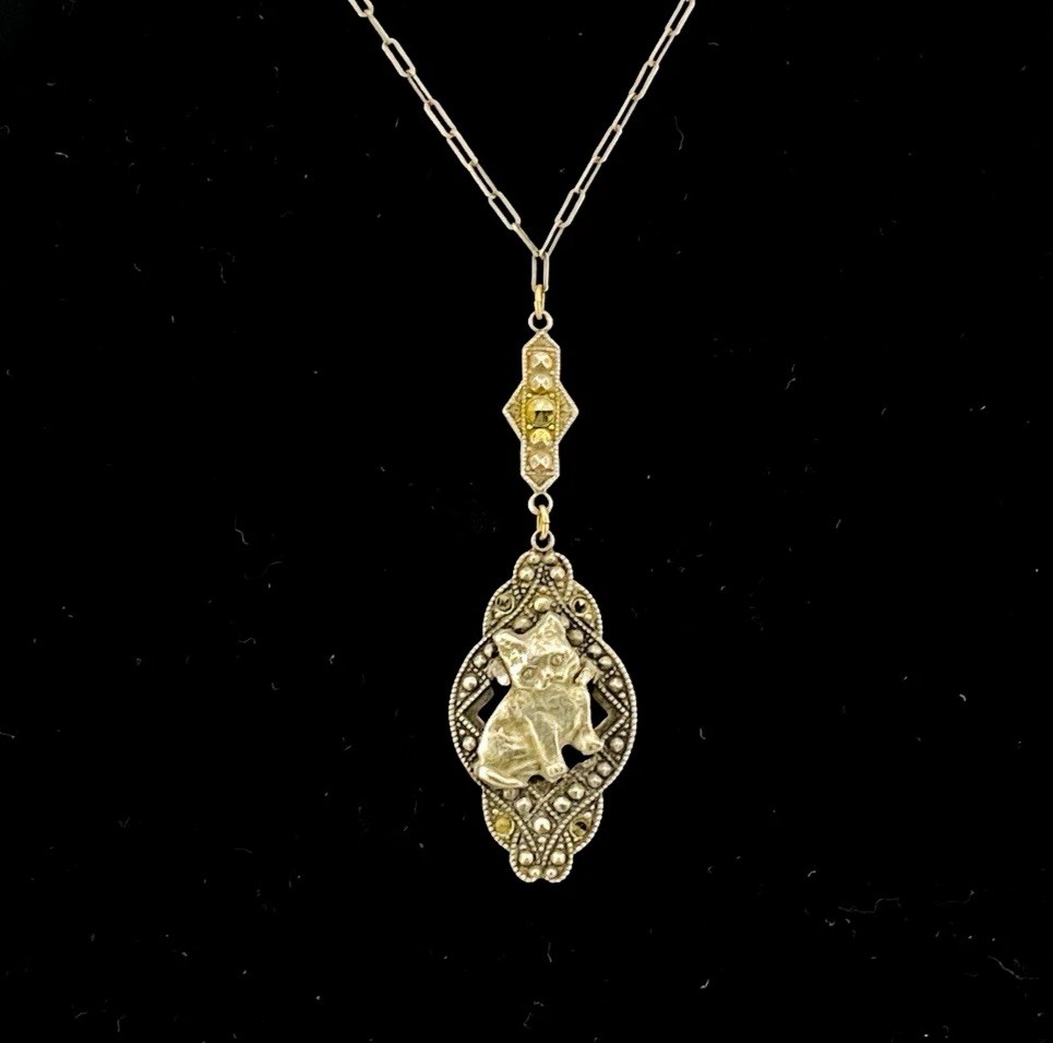 Art Deco Sterling Silver Marcasite Cat Pendant Y Necklace