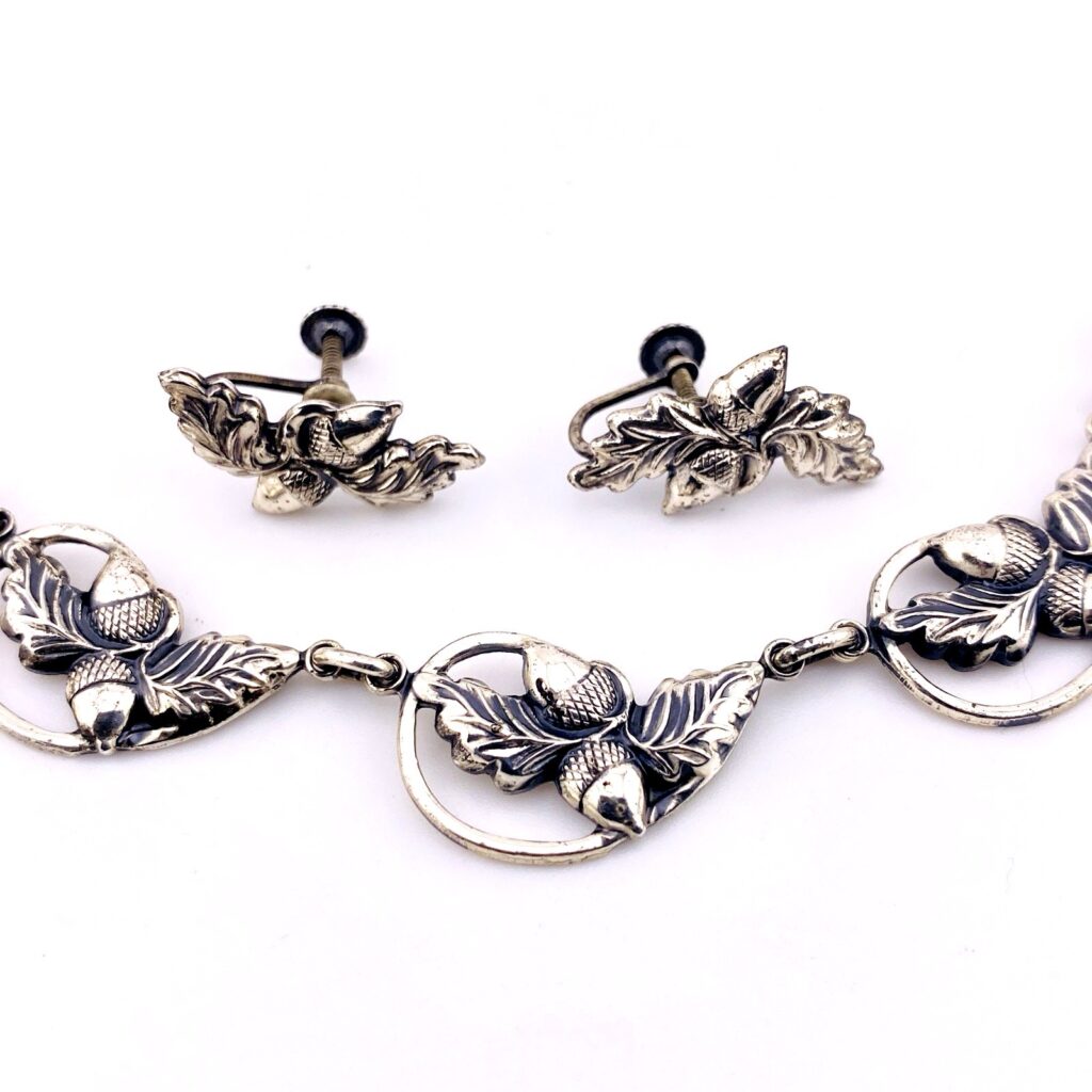 Danecraft Sterling Silver Necklace Earrings Set - Signed - Acorns and Leaves Links - Mid Century Chic