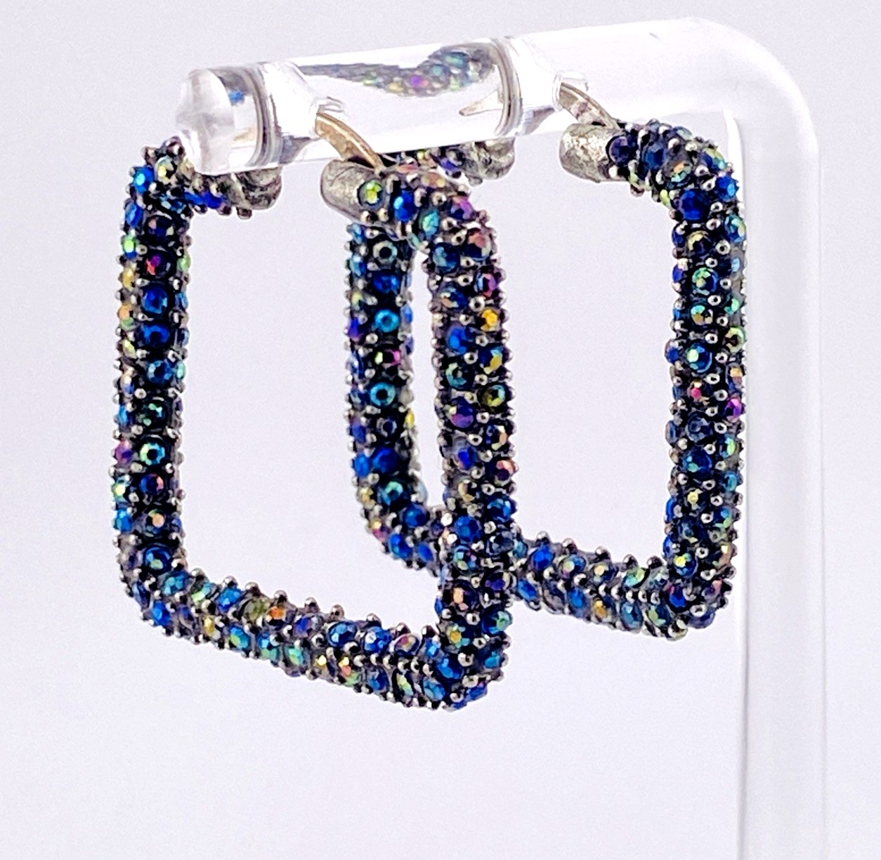 Pave Crystal Square Hoop Earrings in Sterling Silver