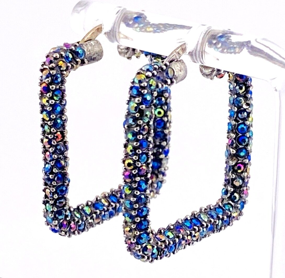 Pave Crystal Square Hoop Earrings in Sterling Silver