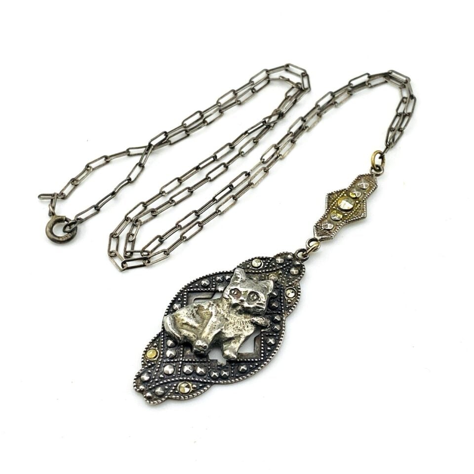 Art Deco Sterling Silver Marcasite Cat Pendant Y Necklace