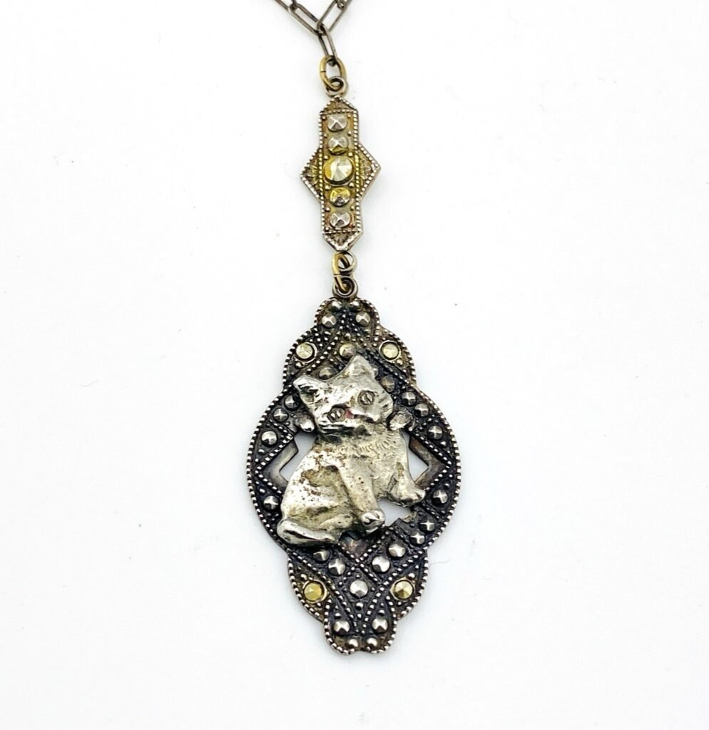 Art Deco Sterling Silver Marcasite Cat Pendant Y Necklace