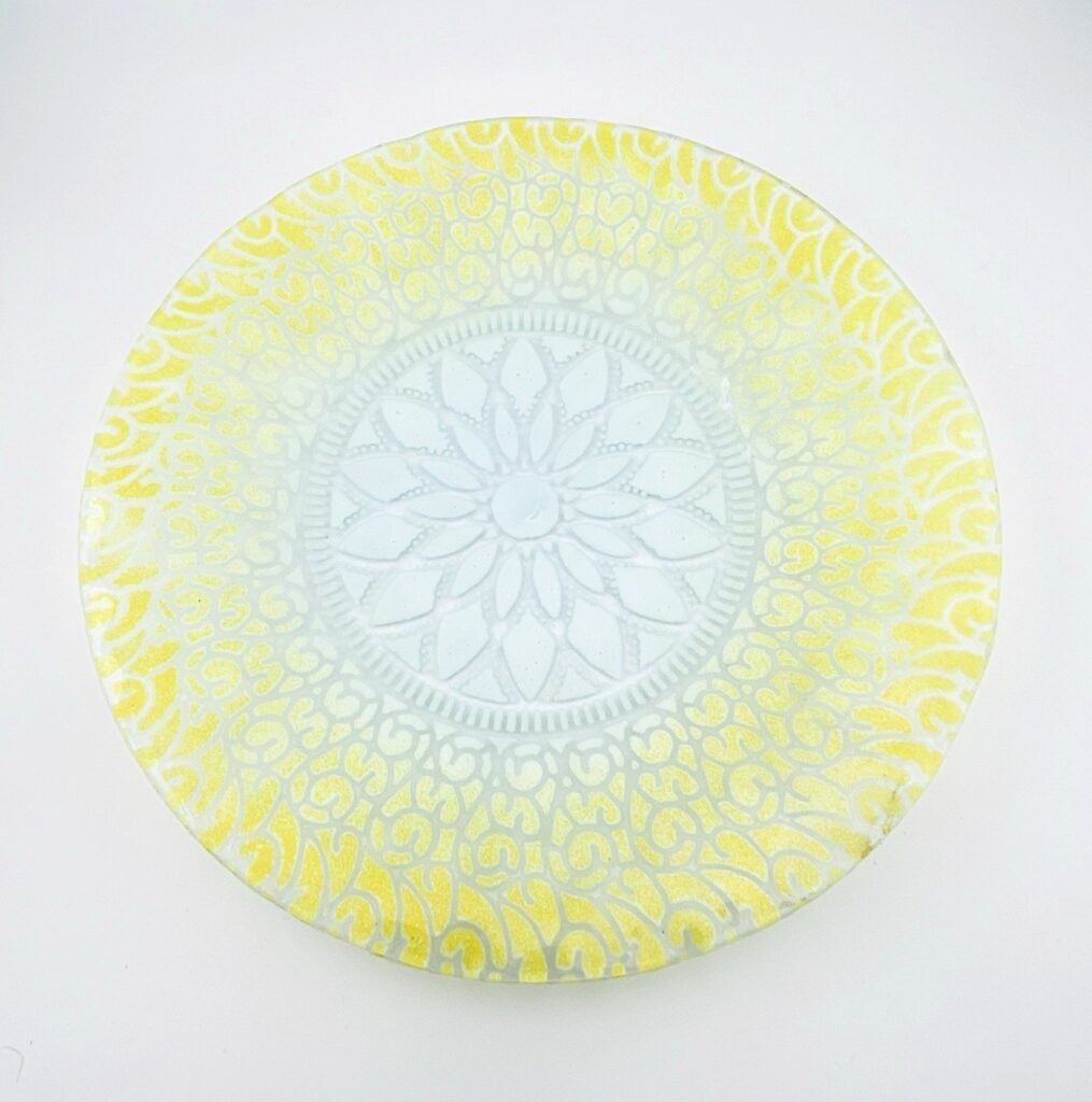 Signed Vintage Art Glass Plate Yellow White Clear Lacy Pattern 8.75 in
