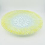 Signed Vintage Art Glass Plate Yellow White Clear Lacy Pattern 8.75 in