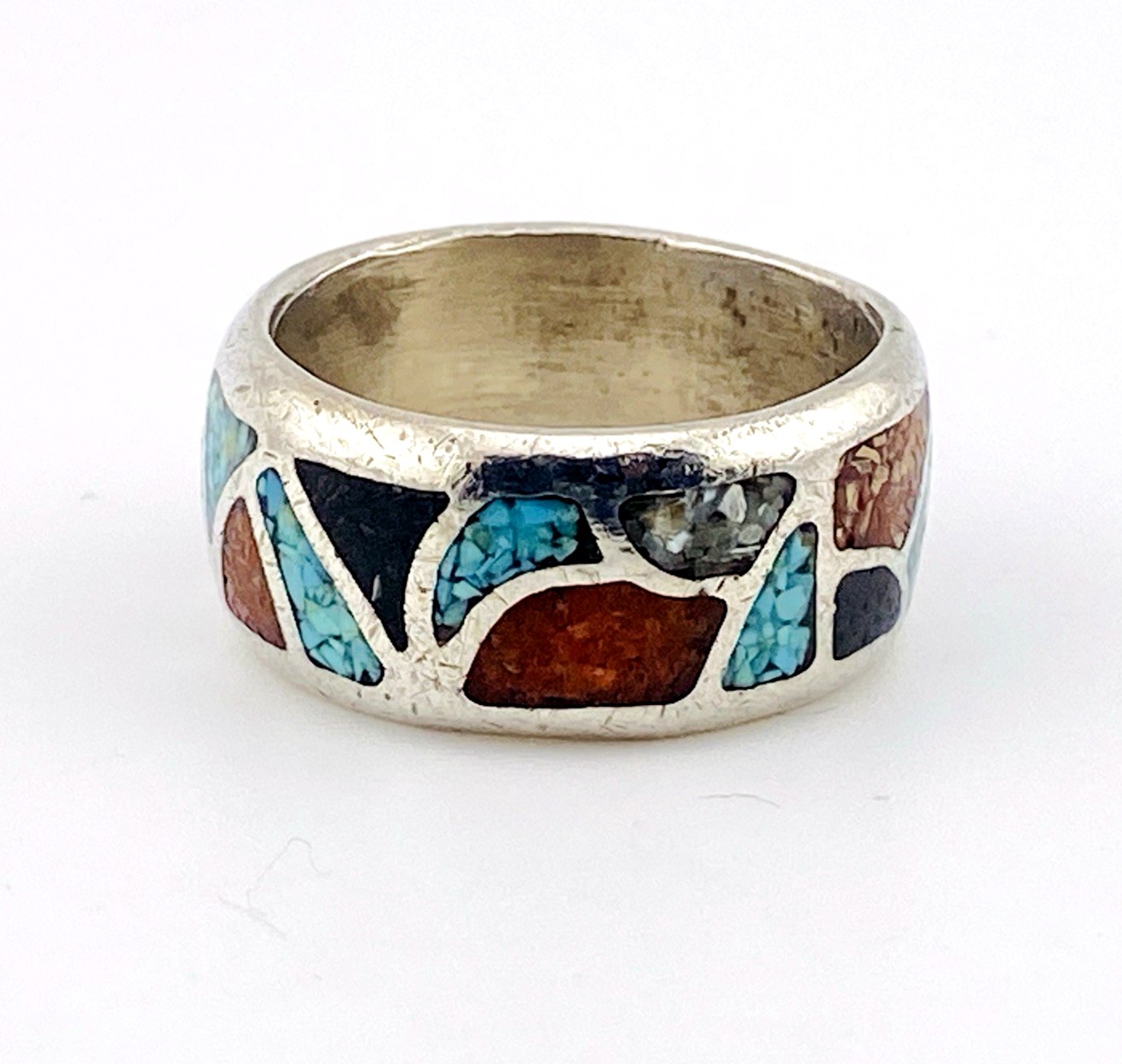 Turquoise Coral Sugilite Inlay Silver Tone Wide Band Ring