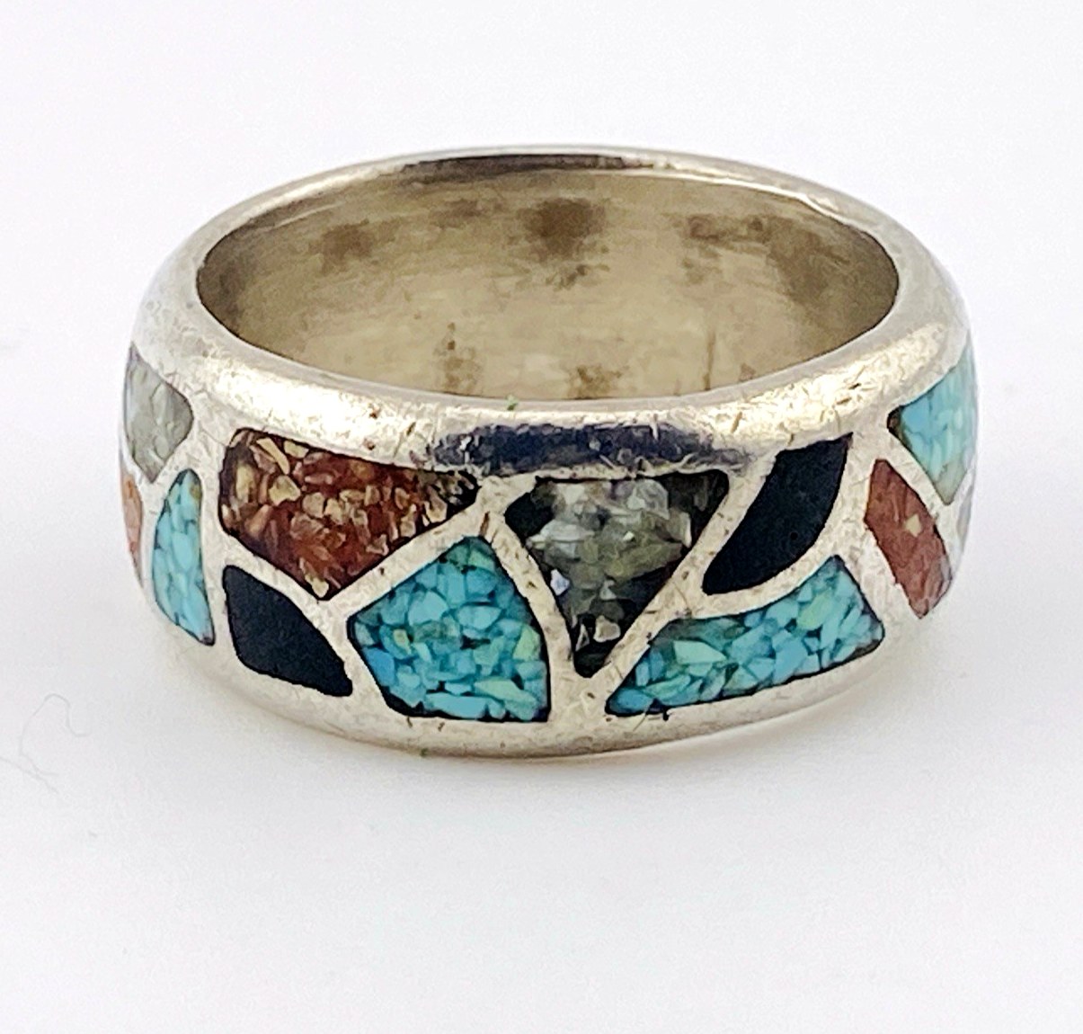 Turquoise Coral Sugilite Inlay Silver Tone Wide Band Ring