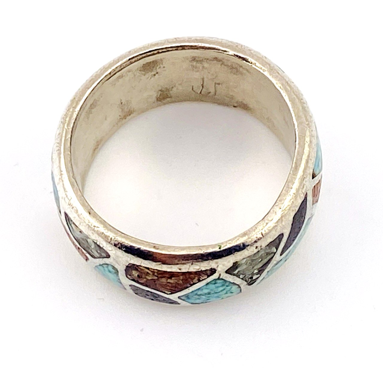 Turquoise Coral Sugilite Inlay Silver Tone Wide Band Ring