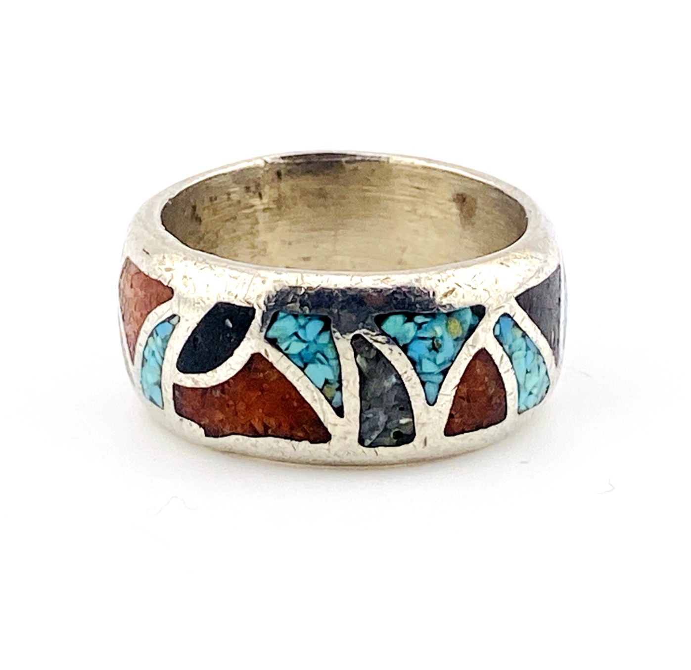 Turquoise Coral Sugilite Inlay Silver Tone Wide Band Ring