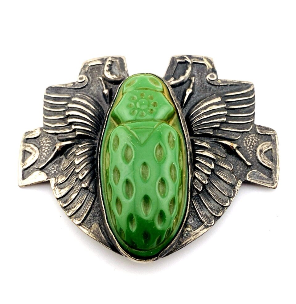 Art Deco Egyptian Revival Belt or Sash Buckle Silver Plate Celluloid Scarab Bug