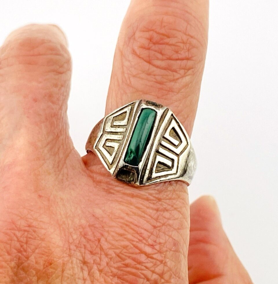 Fred Harvey Era Green Turquoise Signet Ring in Sterling Silver, Size 10
