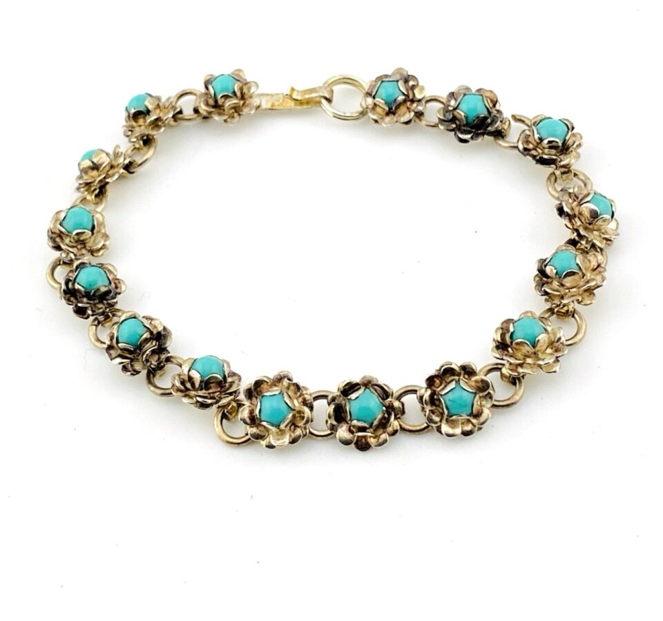 Mexico Sterling Silver Rose Link Bracelet Turquoise Center Artisan Made Not Cast