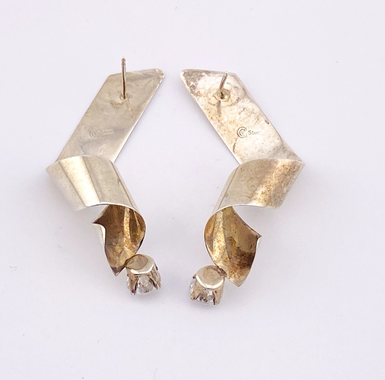 Modernist Sterling Silver CZ Spiral Earrings – Signed CCV – Vintage Artisan Studio Jewelry