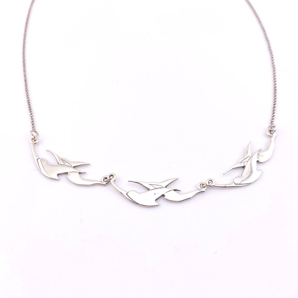 Modernist Sterling Silver Swallow Necklace – 17-Inch Signed Studio Design