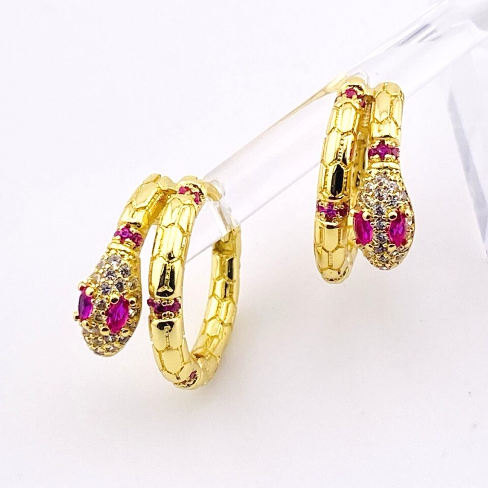 Ruby and Crystal Snake Hoop Earrings in Textured Gold Plated Finish