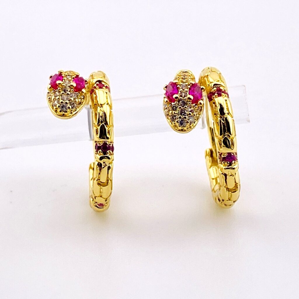 Ruby Pave Gold Plated Snake Hoop Earrings