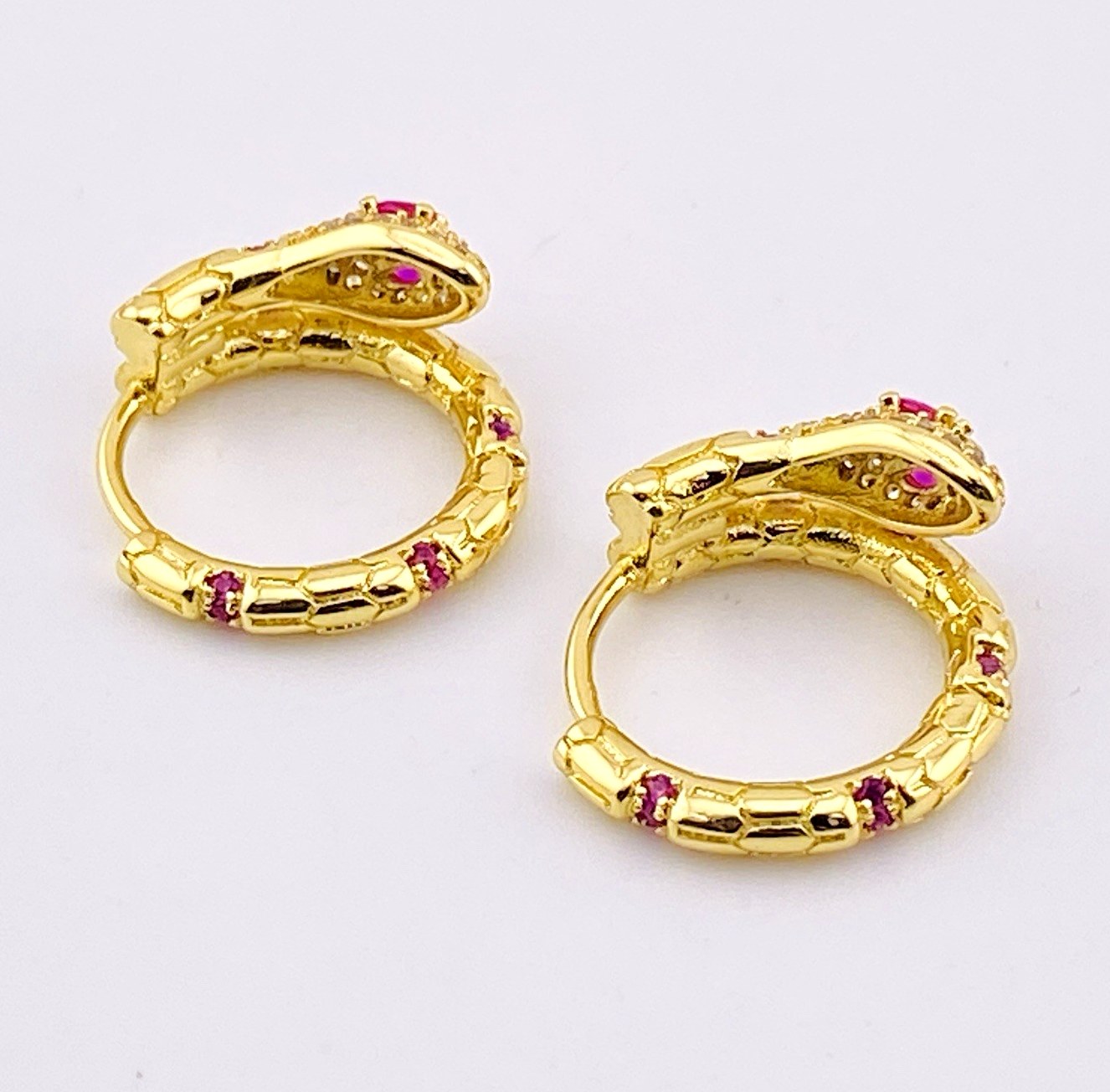 Ruby Pave Gold Plated Snake Hoop Earrings