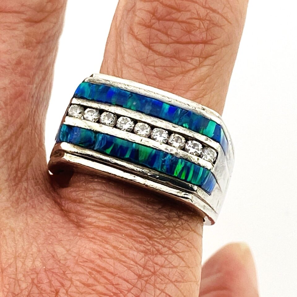 Sterling Silver Men’s Saddle Ring with Blue Opal & CZ – Size 9 – Substantial Vintage