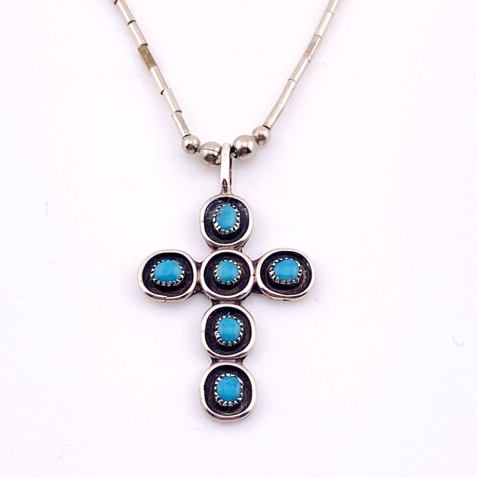 Turquoise Snake Eye Cross Pendant Necklace in Sterling Silver