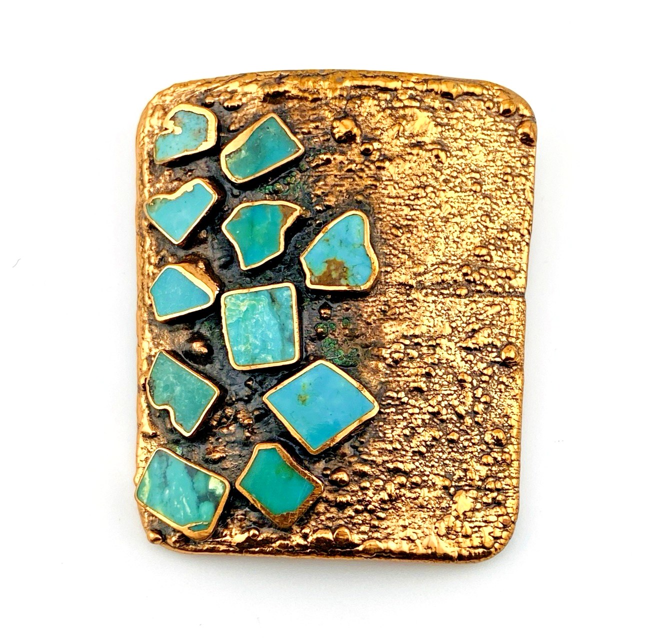 Vintage Bell Trading Co Brutalist Copper and Turquoise Western Bolo Tie Slide 1960