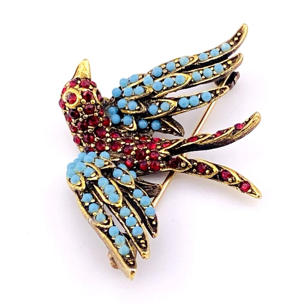 Vintage Pauline Rader Swallow Brooch – Turquoise & Ruby Glass Pavé – 1960s