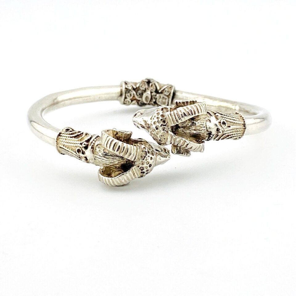 Vintage Ram’s Head Sterling Silver Hinged Cuff Bracelet — Aries Bypass Clamper