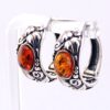 Vintage Sterling Silver Amber Cabochon Hoop Earrings – Carved Leaf Design