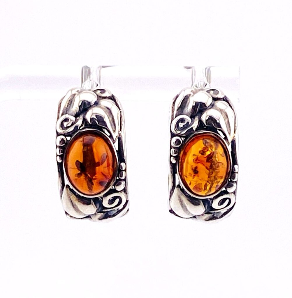 Vintage Sterling Silver Amber Cabochon Hoop Earrings – Carved Leaf Design