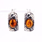 Vintage Sterling Silver Amber Cabochon Hoop Earrings – Carved Leaf Design