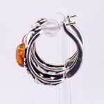 Vintage Sterling Silver Amber Cabochon Hoop Earrings – Carved Leaf Design